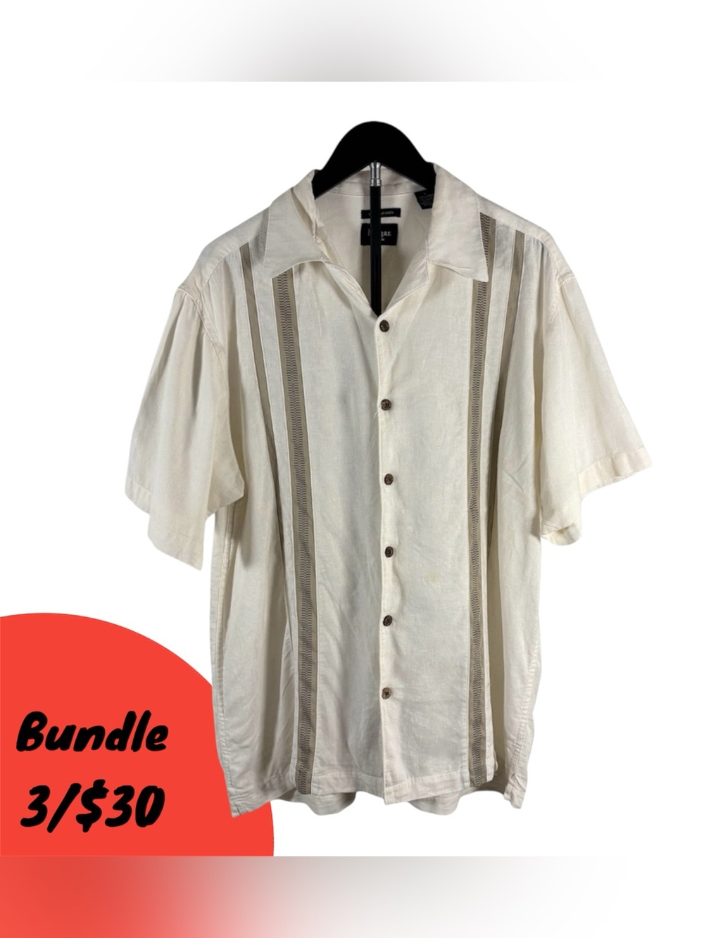 Haggar Cream Short-Sleeve Button-Up Shirt with Taupe Stripe Panels Linen Blend